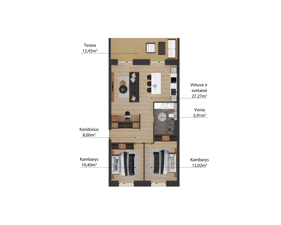 A++ 3 kambarių butas su terasa